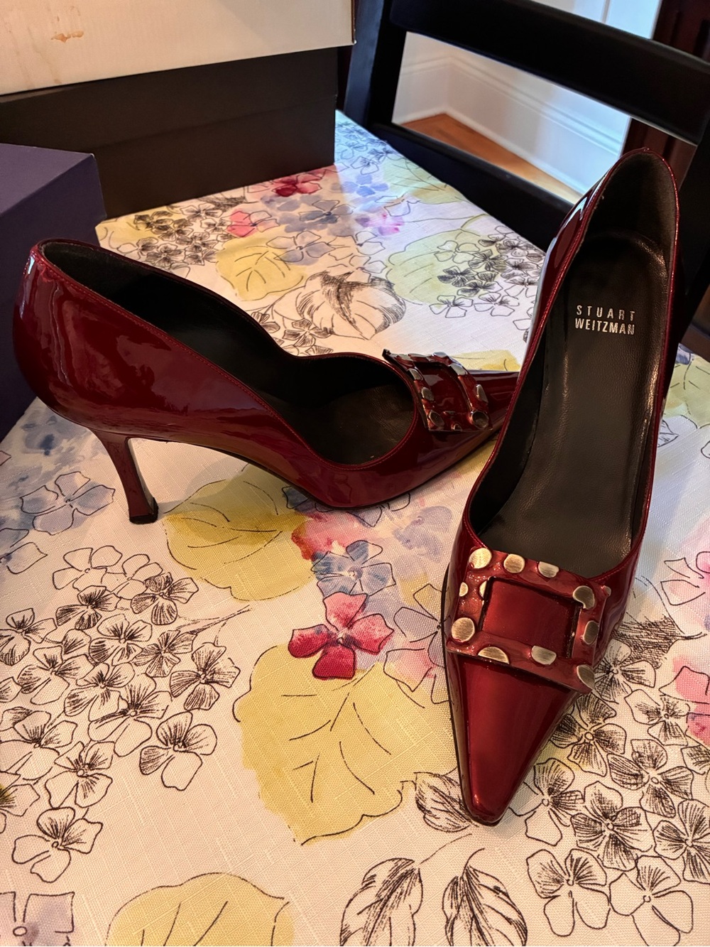 Stuart Weitzman Burgundy Patent Leather Pointed-Toe Pumps with Buckle Detail - Picture 2 of 10